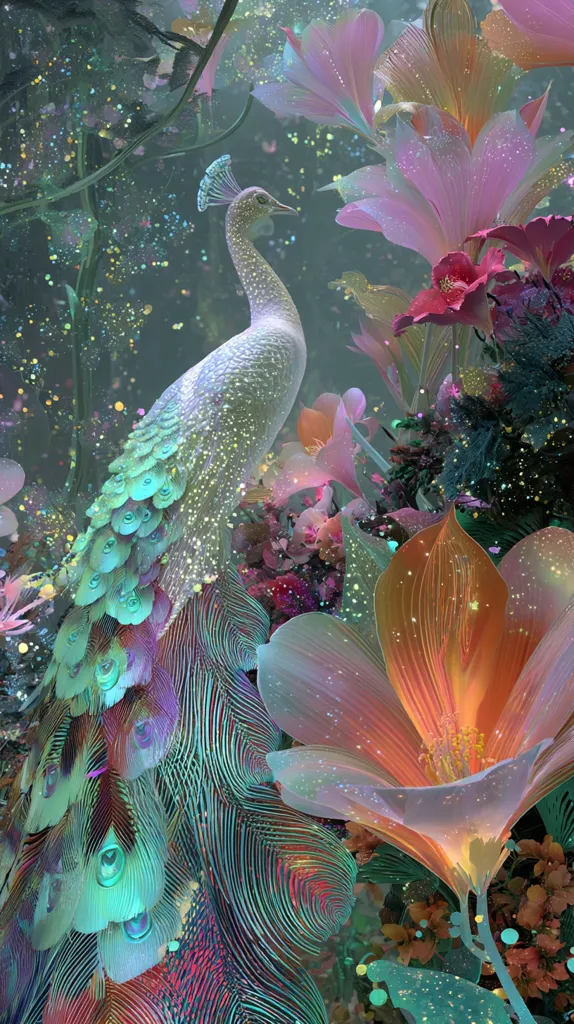 A majestic peacock, adorned in iridescent plumage of teal, purple, and pink, stands amidst a fantastical garden.  Surrounding it are large, ethereal flowers in soft pastel hues, shimmering with glitter-like particles. The overall scene is dreamlike and surreal, with a blend of vibrant colors and delicate textures. The peacock's feathers display intricate detail, contrasting beautifully with the luminous blossoms.