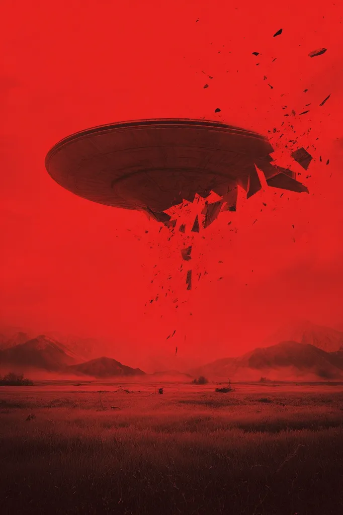 A flying saucer, rendered in shades of red, is depicted in the midst of disintegration.  Fragments of the craft rain down onto a flat, reddish landscape, possibly a field, under a similarly colored sky.  Mountains are visible in the distance, adding to the desolate and otherworldly atmosphere.  The overall mood is one of destruction and mystery.