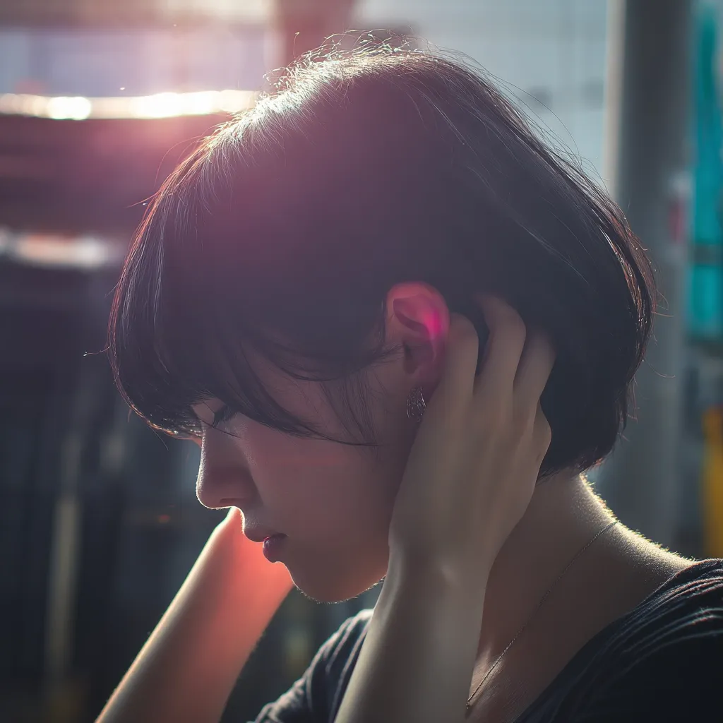 A young woman with short, dark hair gently holds her head in her hands.  Sunlight streams in from behind, creating a lens flare.  She is wearing a simple dark top and a delicate necklace. Her expression is pensive and slightly sad, her gaze directed downward. The overall mood is contemplative and serene.