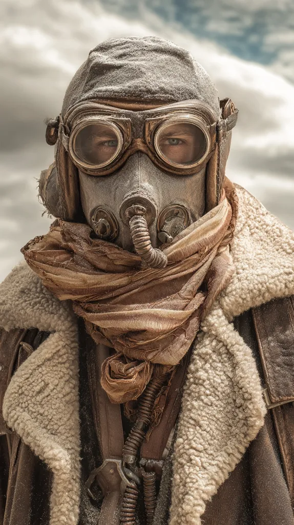 A post-apocalyptic figure, cloaked in dust and grime, stares intently.  They wear a worn leather jacket with a thick sheepskin collar, a dust-covered scarf, goggles, and a gas mask, hinting at a harsh, contaminated environment. The overall tone is one of survival and resilience in a desolate world. The image evokes a sense of mystery and the struggles of life in a ruined landscape.