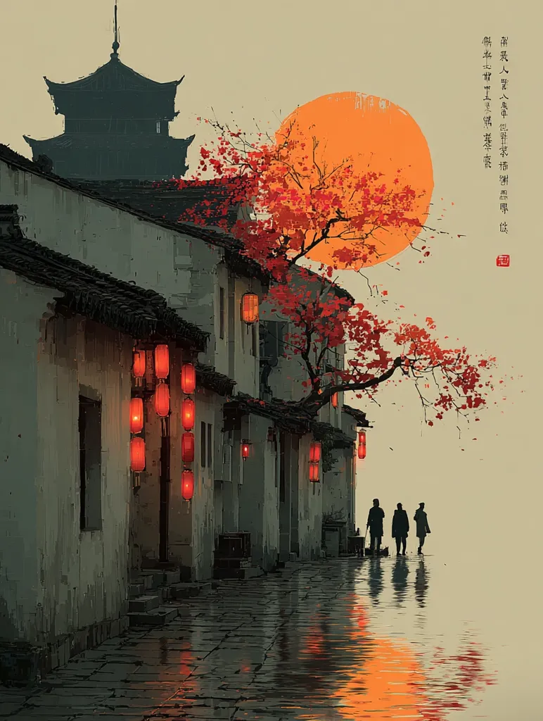 A digital painting depicts a serene Asian streetscape at twilight.  Traditional buildings line a wet cobblestone street, illuminated by warm red lanterns.  A large orange sun dominates the sky above a vibrant red tree. Three silhouetted figures walk along the reflective street, creating a tranquil and atmospheric scene.  A pagoda stands in the background, adding to the oriental aesthetic.