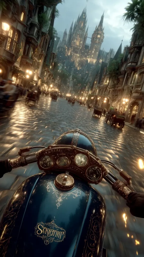 A first-person view on a dark teal motorcycle adorned with gold detailing, speeding down a cobblestone street.  Gas lamps illuminate the gothic architecture of the city, leading to a grand, illuminated castle in the distance. Horse-drawn carriages and pedestrians fill the street, creating a scene of bustling fantasy-era urban life. The motorcycle's gas tank bears the word "Scryothim" in elegant script.
