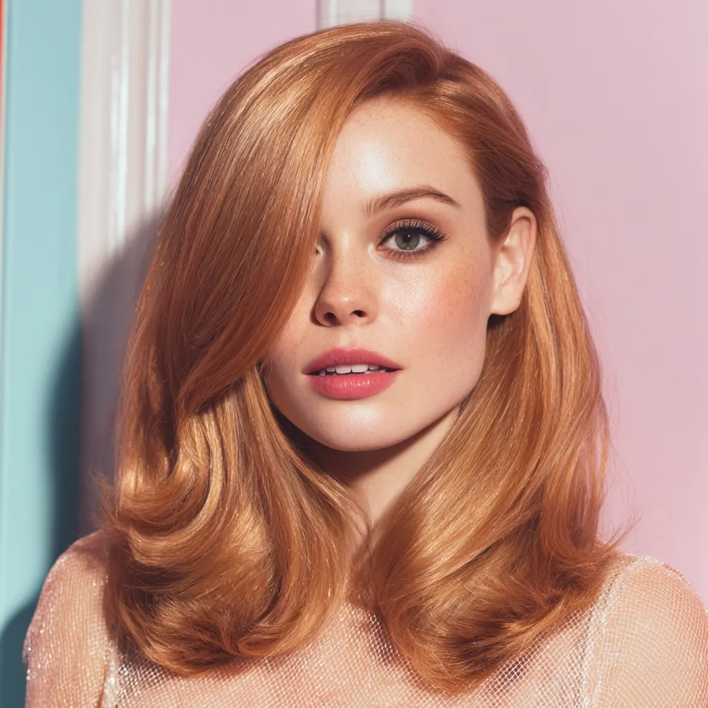 A young woman with long, flowing copper-red hair styled in soft waves.  A strand falls across her face, partially obscuring one eye. Her makeup is subtly glamorous, enhancing her freckles and rosy complexion. She's wearing a delicate, sheer, light-colored top. The background features a soft pink and pale blue wall.