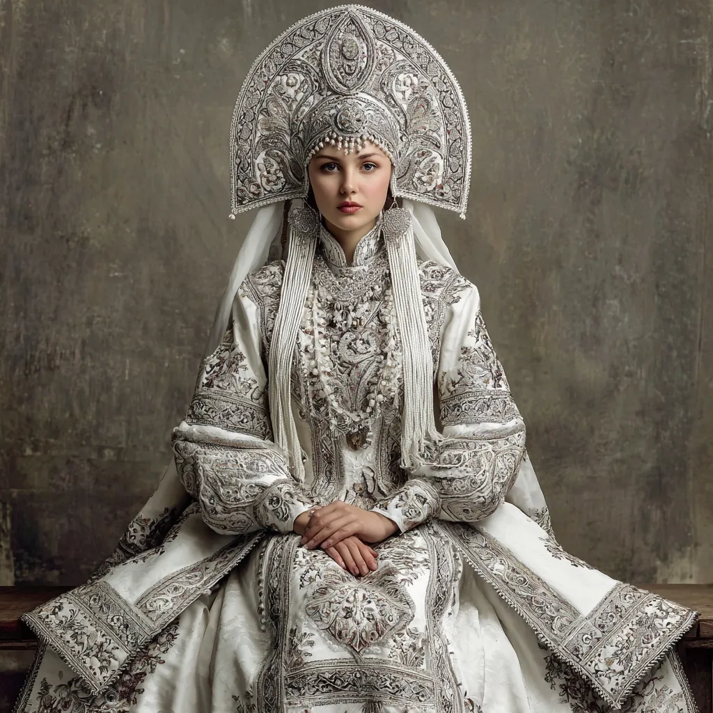 A young woman sits majestically, adorned in an elaborate, silver and white Russian Kokoshnik headdress and matching gown. The intricate embroidery on her clothing and headpiece is breathtaking.  Her serene expression and regal posture command attention against the muted background.  The overall image evokes a sense of timeless elegance and traditional Russian craftsmanship.