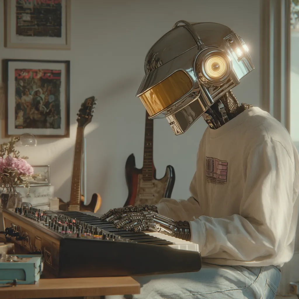 A robotic figure, wearing a metallic helmet reminiscent of Daft Punk, sits in a sunlit room.  It plays a keyboard, its metallic hands delicately pressing the keys. Two electric guitars lean against the wall in the background, adding to the musical atmosphere. The scene is peaceful and evokes a futuristic, artistic vibe.