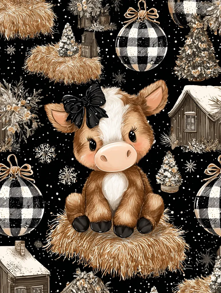 A charming Christmas-themed pattern features a cute calf adorned with a black bow, sitting on a hay bale against a black background.  Black and white buffalo check ornaments, miniature snowy houses, and frosted Christmas trees are scattered throughout the design, creating a cozy, farmhouse aesthetic.  Snowflakes add to the winter wonderland feel.