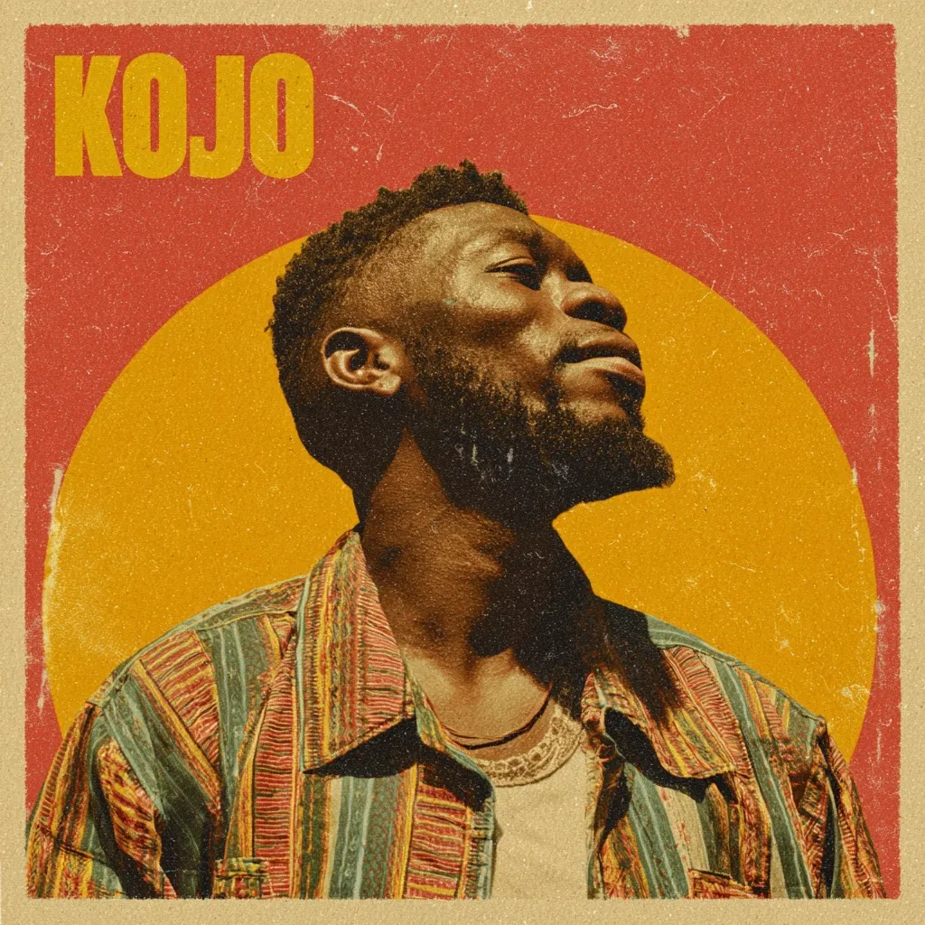 A vintage-style poster features Kojo, a dark-skinned man with short hair and a beard. He's wearing a multicolored, striped shirt, his head tilted back, against a yellow circle set on a red background. The name "KOJO" is prominently displayed at the top, in a bold, sans-serif font. The overall aesthetic is reminiscent of retro album art, with a textured, slightly worn look.