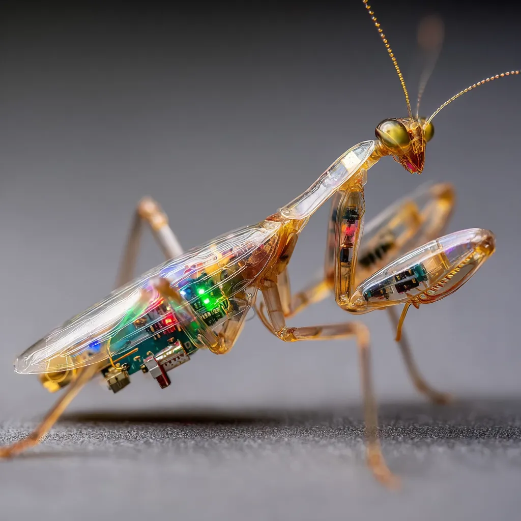A close-up reveals a meticulously crafted robotic mantis.  Its translucent exoskeleton showcases an intricate internal network of miniature circuitry and colorful LEDs.  The robotic insect mimics the detailed anatomy of a praying mantis, complete with delicate antennae and articulated limbs.  The image highlights the fusion of biomimicry and technology.