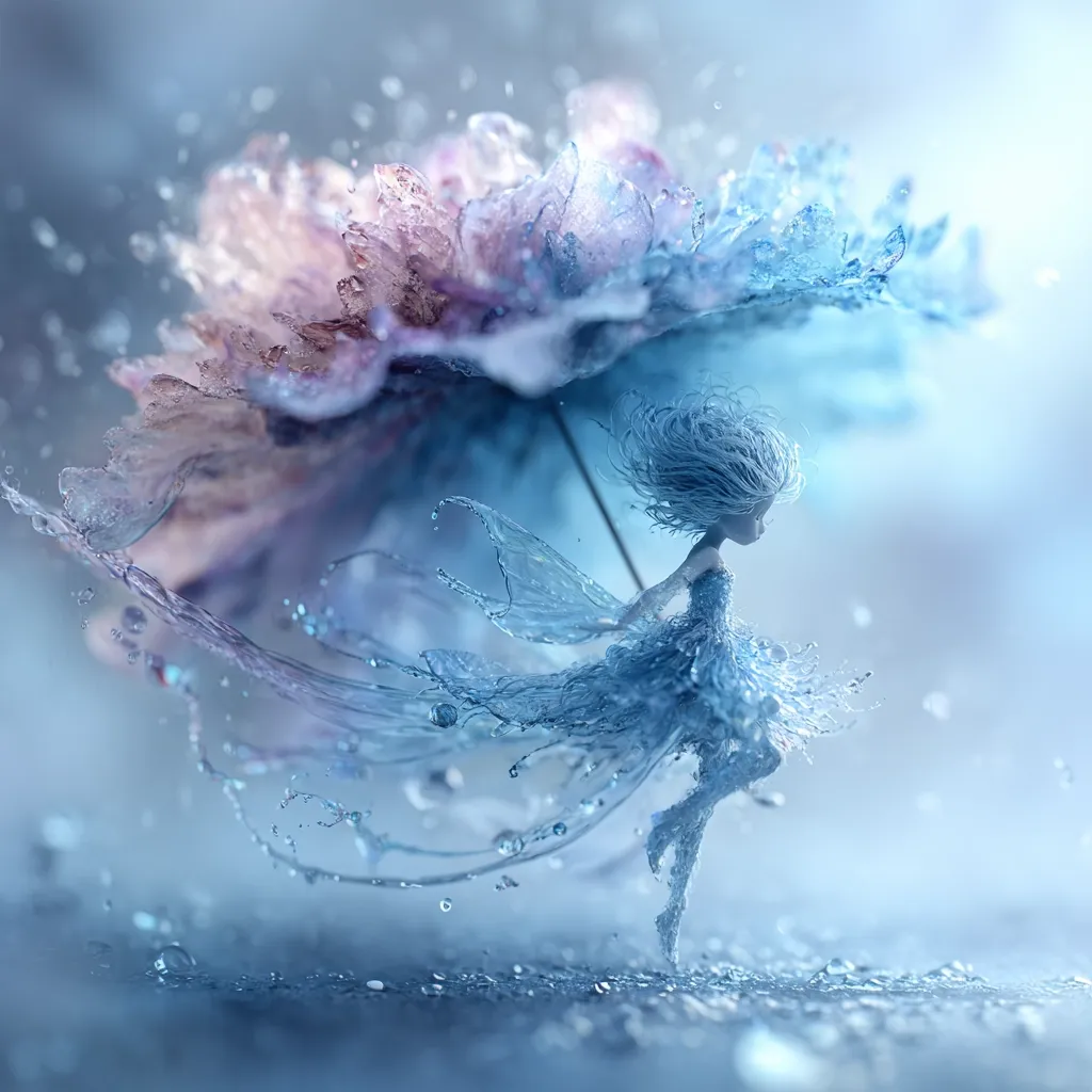 A digital painting depicts a delicate fairy, seemingly made of water, joyfully leaping beneath a large, translucent flower acting as an umbrella.  Rain droplets surround her, enhancing the ethereal, whimsical mood. The fairy’s flowing dress and wings are exquisitely detailed, capturing the fluidity of water. The overall color palette is cool and serene, dominated by shades of blue and icy pink.