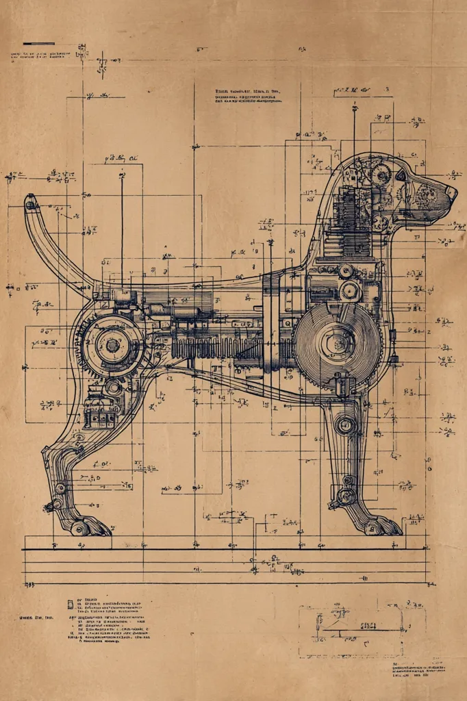 A detailed blueprint showcases the intricate design of a mechanical dog.  The plan depicts the canine's internal workings, revealing gears, pistons, and other mechanical components intricately arranged within its form. The style is reminiscent of vintage engineering drawings, with annotations and measurements visible throughout. The image presents a fascinating blend of mechanical engineering and artistic representation.