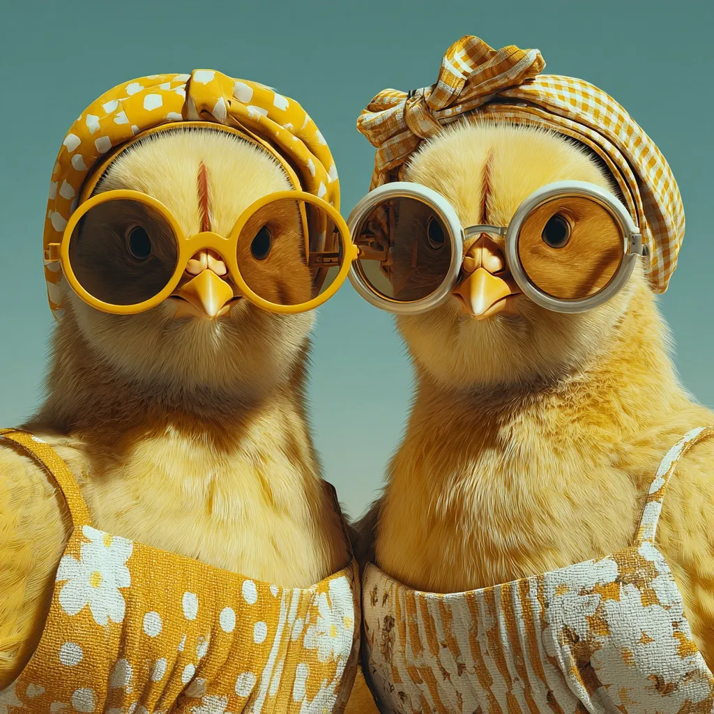 Two fluffy yellow chicks, wearing matching yellow and white polka-dot headbands and large round sunglasses, are dressed in adorable yellow sundresses.  They sit side-by-side, posing playfully for the camera, their expressions cute and endearing. The background is a muted teal, enhancing the chicks' bright yellow appearance.  The image is whimsical and charming.
