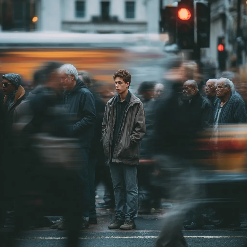 A young man stands still amidst a blurred crowd of people rushing through a city street.  He's dressed in a dark jacket and jeans, his hands in his pockets, seemingly observing the bustling urban scene. The background features a blurry bus and traffic lights, emphasizing the stillness of the central figure against the dynamic energy of the city.  The overall mood is contemplative and slightly melancholic.