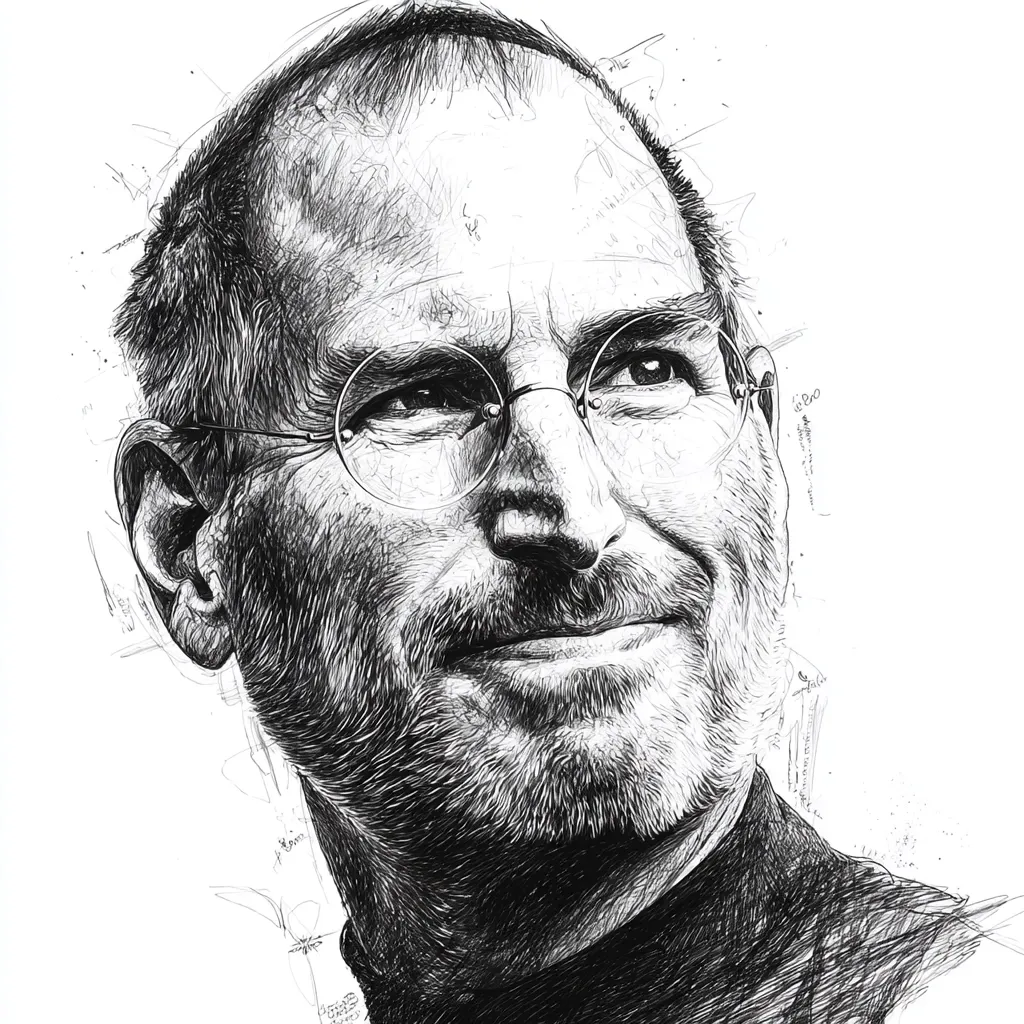 A detailed black and white sketch of Steve Jobs, rendered in a style that suggests pen or ink on paper.  The portrait is expressive, capturing his thoughtful gaze and characteristic stubble.  The artist's strokes are visible, adding texture and depth to the image, with background scribbles hinting at a creative process. The overall effect is a powerful and evocative representation of the tech visionary.