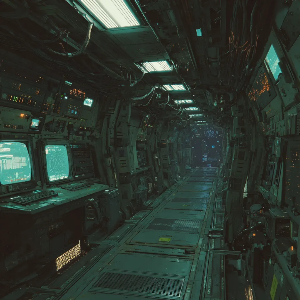 A long, narrow corridor in a spaceship, filled with aged technology and equipment.  Greenish-toned lighting illuminates the cluttered walls lined with consoles, monitors displaying technical data, and wires.  The metallic floor reflects the dim light, creating a claustrophobic yet intriguing atmosphere.  A sense of age and wear permeates the scene, hinting at a long operational history.