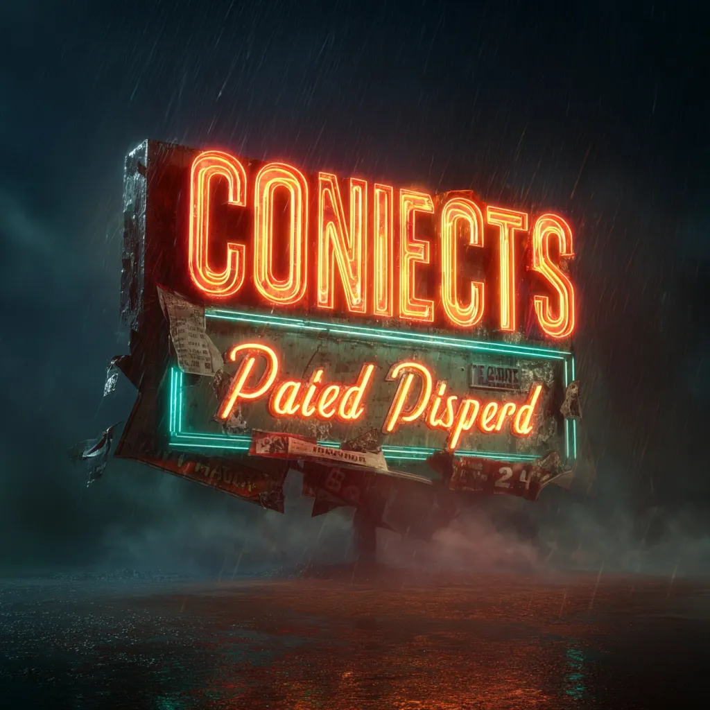 A weathered, neon sign stands in the rain, its orange letters proclaiming "CONI ECTS" above the words "Paied Disperd" in a stylized script.  The sign is damaged, with torn posters and faded paint, adding to its desolate, post-apocalyptic atmosphere.  Rain reflects on the dark, wet ground below.  The overall mood is one of mystery and decay.