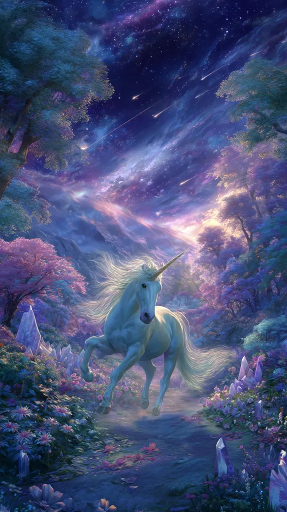 A majestic white unicorn with a flowing mane and tail gallops along a path through a mystical forest.  The scene is bathed in soft purple and blue hues under a night sky filled with shooting stars.  Luminous flowers and crystalline formations line the path, creating an ethereal and enchanting atmosphere.  The overall impression is one of magic and wonder.