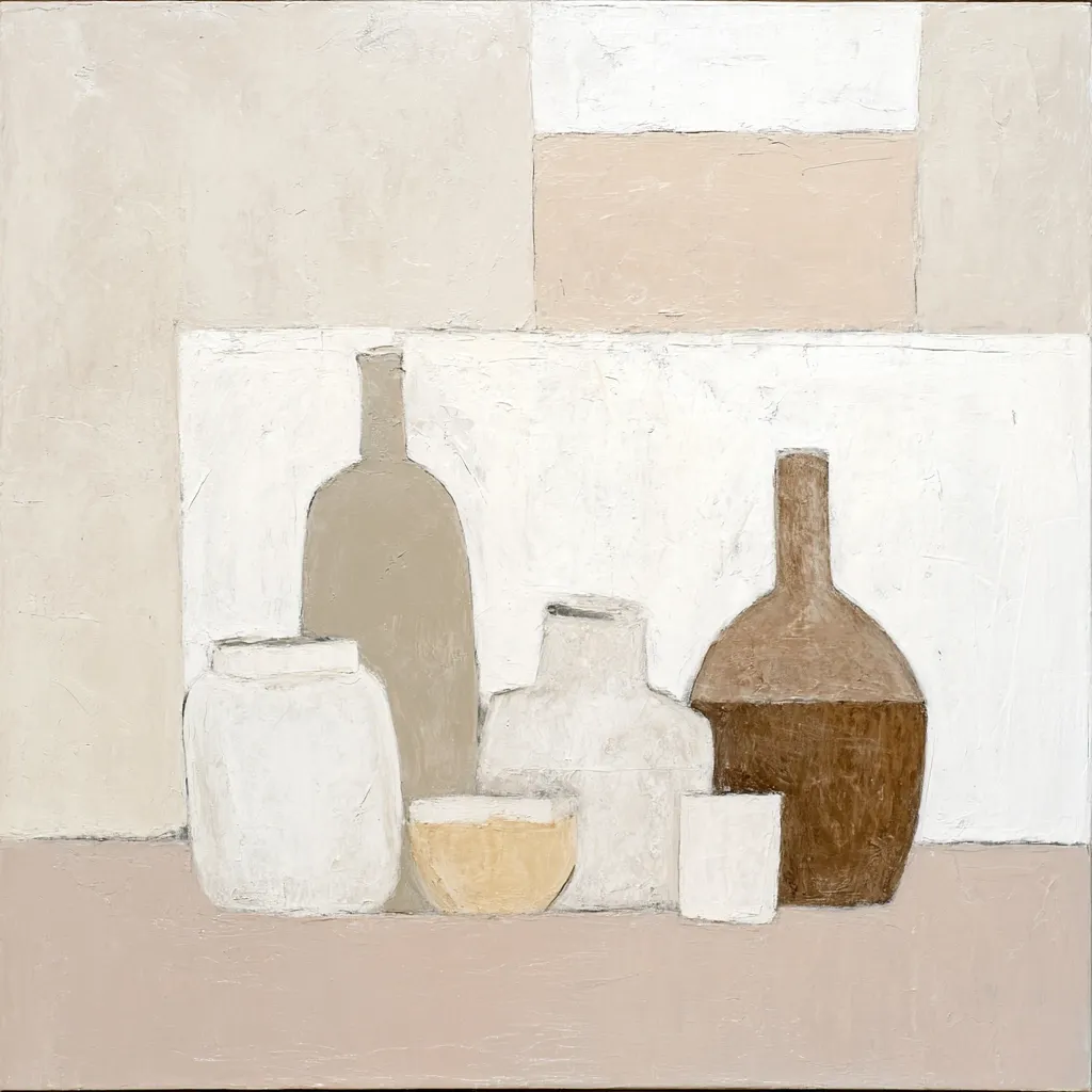 A still life painting in muted earth tones features a collection of ceramic vessels and bottles arranged on a pale surface against a subtly textured background.  The shapes are simple and slightly abstracted, with a focus on the interplay of light and shadow within the neutral color palette. The overall impression is one of calm and quiet contemplation.