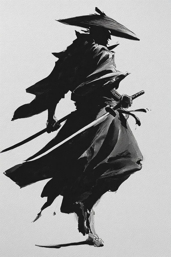 A monochromatic illustration depicts a samurai, dynamically posed.  His wide-brimmed hat and flowing robes suggest movement.  Two swords are held at his side, emphasizing his warrior status. The artist's style is expressive, utilizing bold brushstrokes and stark contrasts to create a powerful and evocative image. The overall effect is one of intensity and grace.