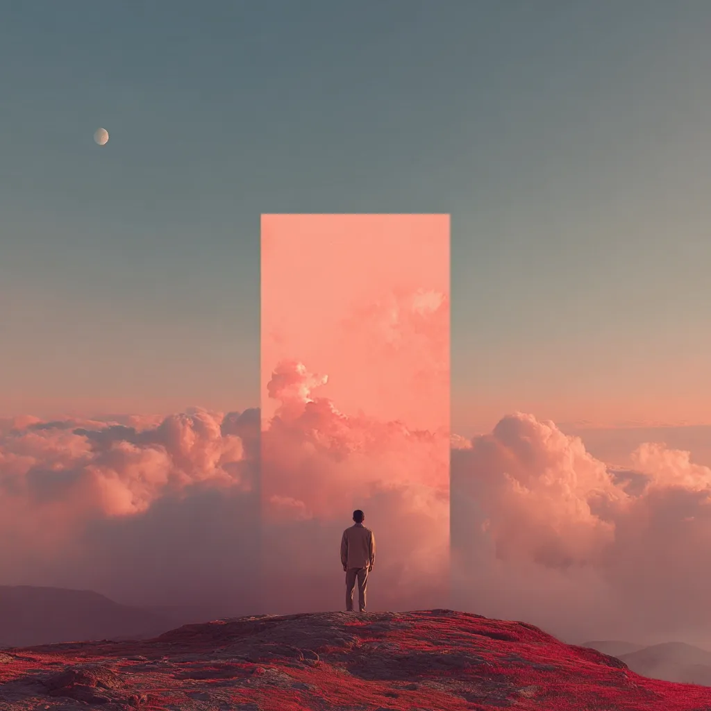 A solitary figure stands on a crimson-hued mountaintop, gazing at a surreal, peach-colored portal rising from the clouds. The portal seems to slice through the dreamy, pink-tinged sky, a crescent moon visible in the distance. The scene evokes a sense of mystery and contemplation, as if the man is on the verge of a journey into the unknown. The overall mood is serene yet otherworldly.
