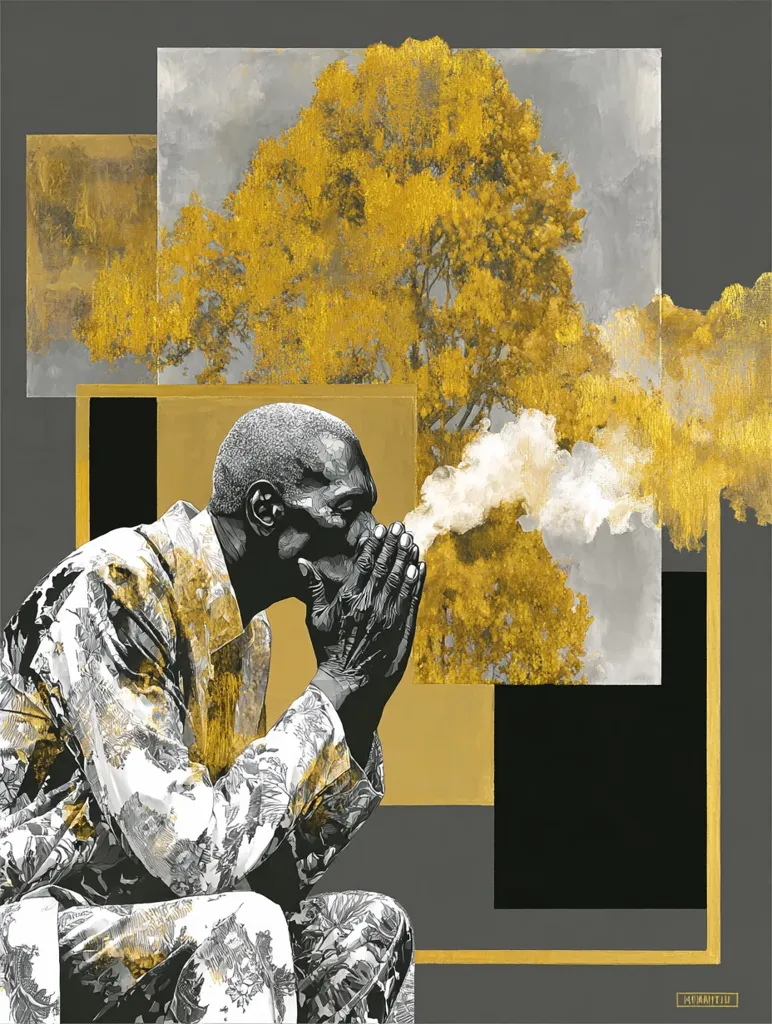 A contemporary art piece depicts a man in patterned clothing, seated with hands clasped in prayer.  He appears contemplative, exhaling smoke that blends with a stylized, gold-toned tree in the background. The composition utilizes geometric shapes and contrasting colors – black, grey, and gold – creating a layered effect. The overall mood is one of reflection and quiet contemplation.
