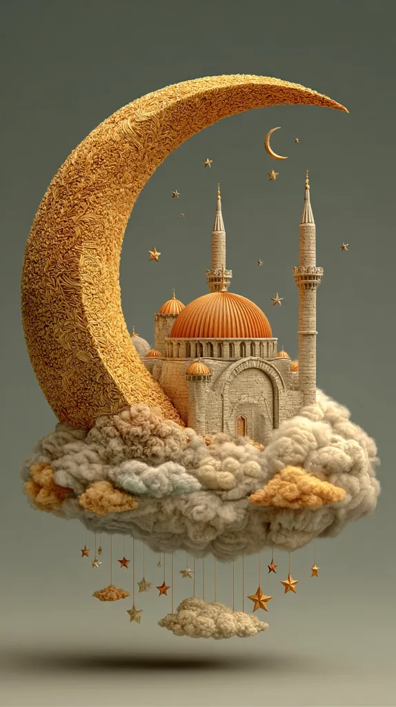A 3D rendering depicts a whimsical scene: a golden, textured crescent moon cradles a detailed mosque nestled on a fluffy cloud.  Smaller clouds hang below, adorned with golden stars. The overall aesthetic is serene and dreamlike, evoking a sense of peace and wonder. The color palette is soft and muted, with gold accents highlighting the celestial and architectural elements.