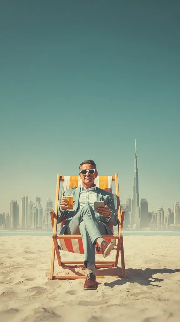 A man in a suit relaxes in a beach chair on a sandy beach. He's wearing sunglasses and holding a drink and a tablet.  The Burj Khalifa and the Dubai skyline are visible in the background under a clear blue sky.  The scene evokes a feeling of sophisticated relaxation and success.
