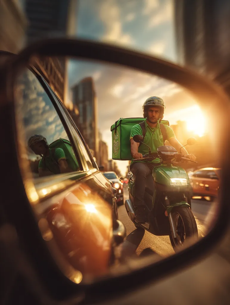 A delivery driver, seen through a car's side mirror, navigates city traffic on a scooter.  The sun sets behind him, casting a warm golden glow. He wears a green uniform and helmet, carrying a large green delivery bag.  Other vehicles are visible in the background, blurring into the hazy sunset light. The scene captures the bustling energy of an urban environment during the golden hour.