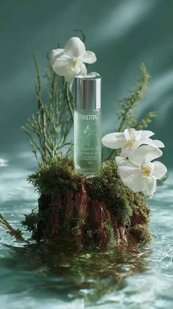 A bottle of Bretix Anviglow Atm:Gled serum sits atop a mossy tree stump partially submerged in tranquil water.  White orchids and delicate green foliage surround the bottle, creating a serene and natural aesthetic. The scene is softly lit, emphasizing the product and its botanical setting. The overall impression is one of calm and natural beauty.