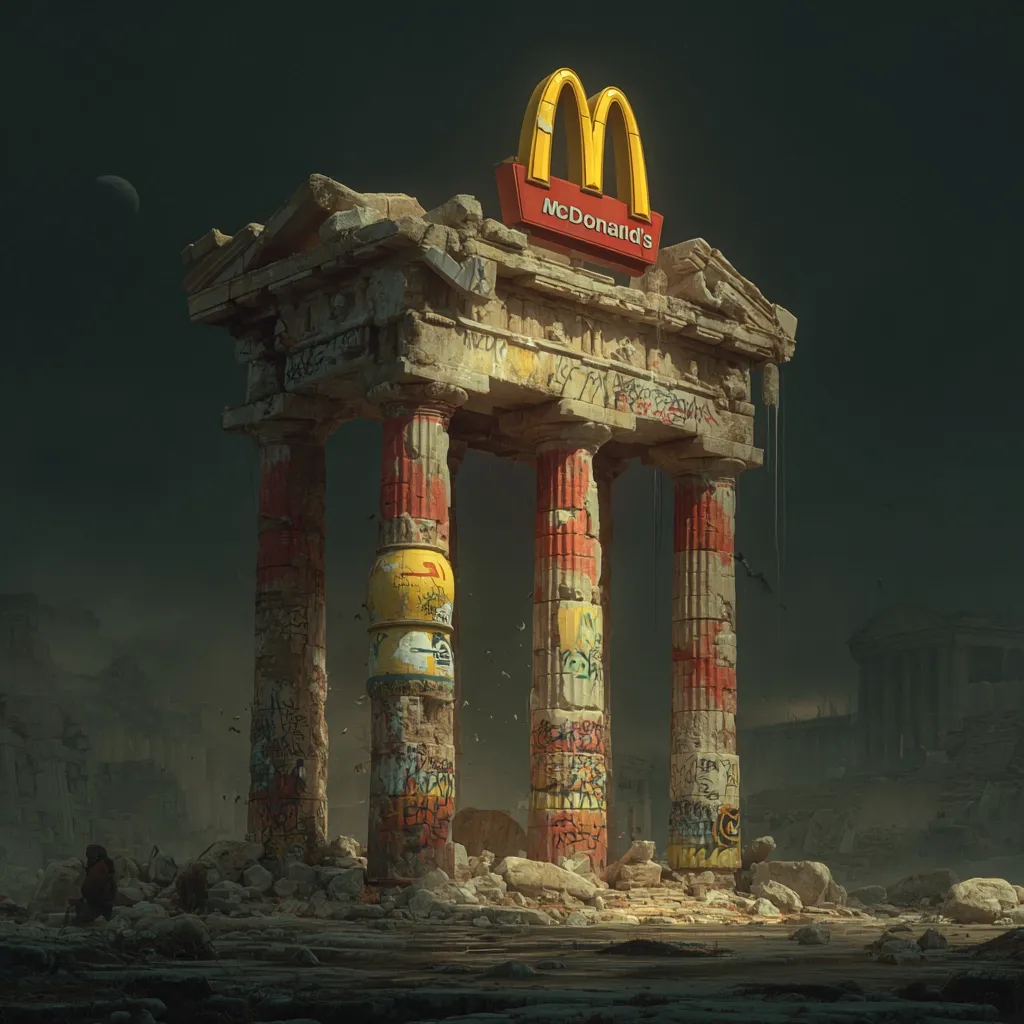 A digital artwork depicts a ruined classical structure, its pillars adorned with graffiti, topped by a McDonald's golden arches sign.  The scene is set in a desolate, post-apocalyptic landscape, with a somber atmosphere and a crescent moon visible in the dark sky.  The juxtaposition of ancient architecture and modern branding creates a striking visual commentary on decay and consumerism.  Figures are faintly visible in the distance, adding to the sense of desolation.