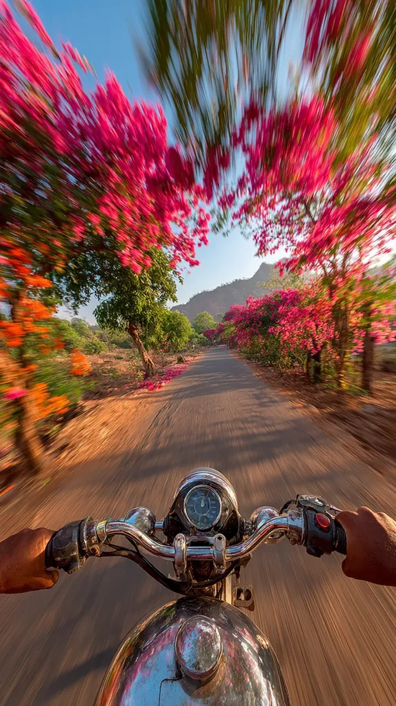A motorcyclist rides down a scenic road, vibrant bougainvillea trees blurring in motion on either side.  The bright sun illuminates the scene, creating a dynamic and colorful image. The speed of the motorcycle is emphasized by the motion blur, transforming the flowers into streaks of pink and orange.  The rider's hands grip the handlebars, showcasing the thrill of the journey.