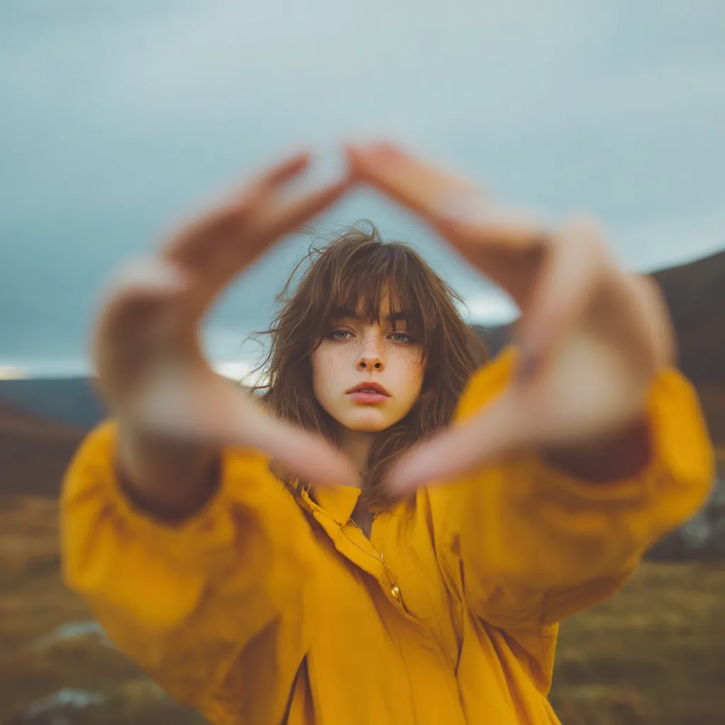 A young woman with brown, shaggy bangs and freckles stands in a blurred, outdoor setting.  She's wearing a mustard-yellow jacket and frames her face with her hands, creating a diamond shape. Her expression is serious and direct, creating a striking contrast against the soft, muted background. The image has a dreamy, slightly vintage quality.