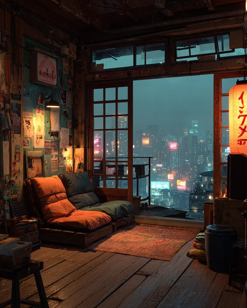 A cozy, dimly lit room overlooks a vibrant nighttime cityscape.  The room features a rustic wooden floor, a comfortable pallet couch with orange and green cushions, and walls adorned with posters and mementos. A traditional Japanese lantern hangs in the corner, adding to the eclectic atmosphere.  The large window provides a stunning view of the city's glittering lights and towering buildings.