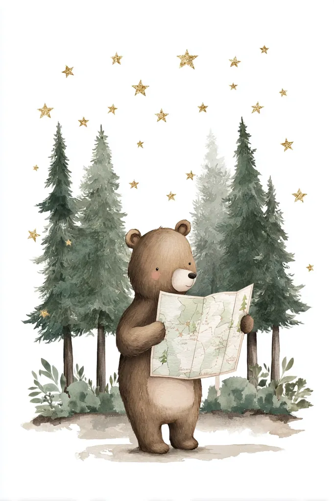 A charming watercolor illustration depicts a brown bear standing amidst a tranquil forest.  Golden stars twinkle above, creating a magical atmosphere. The bear attentively studies a map, suggesting an adventurous journey. The scene is peaceful and whimsical, with soft colors and delicate details. The overall style is gentle and childlike, perfect for a nursery or children's room.