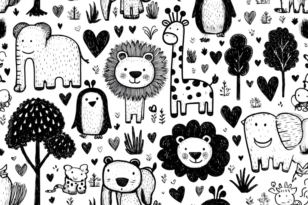 A monochrome pattern featuring adorable cartoon animals and hearts.  Elephants, lions, giraffes, penguins, and a monkey are playfully scattered amongst simple trees and foliage. The hand-drawn style gives the design a charming, childlike quality, suitable for fabric, wallpaper, or children's products.  Black ink outlines and textured shading create depth and visual interest.