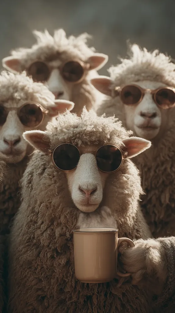 A group of sheep, each wearing round sunglasses, are huddled together.  The sheep in the foreground holds a warm mug in its fluffy paw.  The image has a warm, vintage tone, creating a humorous and charming scene. The sheep appear relaxed and content, enjoying a moment of quiet together.