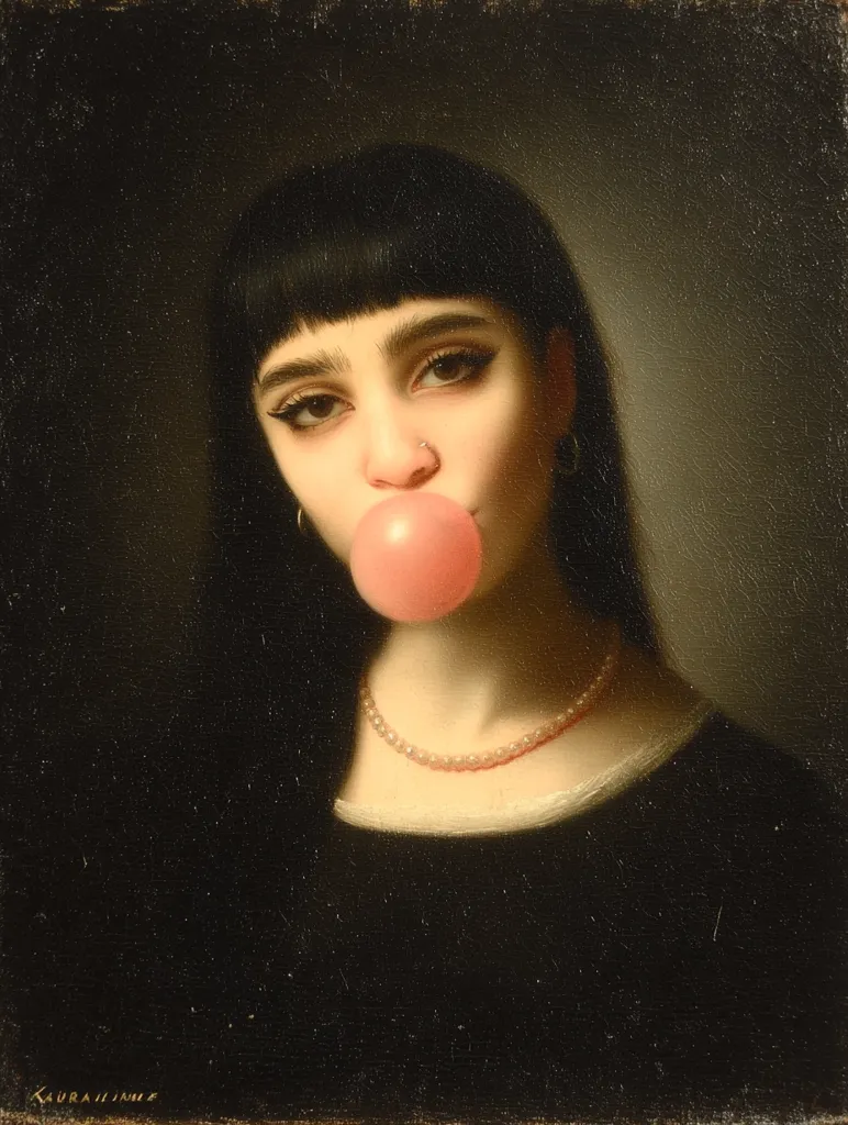A young woman with dark hair and bangs, wearing a black dress and a pearl necklace, blows a large pink bubble of gum.  The painting is done in a dark, realistic style reminiscent of classical portraiture, creating a striking contrast between the subject's modern action and the traditional artistic technique.  Her expression is serene, her gaze slightly downward.