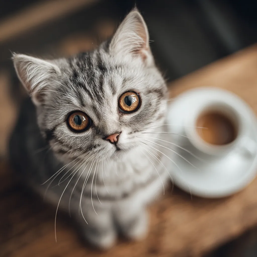 A grey and white tabby kitten with striking orange eyes looks directly up at the camera.  It sits on a wooden surface beside a blurred cup of coffee, its whiskers prominently displayed. The kitten's expression is curious and endearing, creating a charming image. The shallow depth of field focuses attention on the kitten's face.