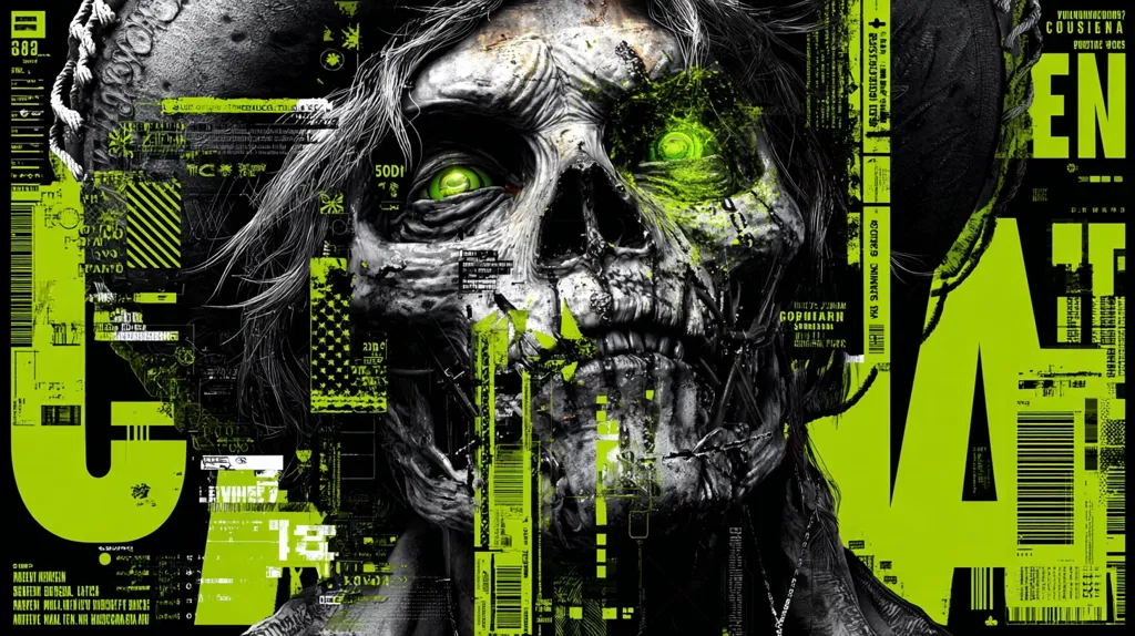 A digital art piece featuring a decaying skull with glowing green eyes.  The skull is overlaid with a chaotic collage of black, white, and lime green text and graphic elements, resembling data streams and barcodes. The overall aesthetic is dark, gritty, and cyberpunk-inspired.  The word "EN" is prominently displayed in bold, lime green lettering.