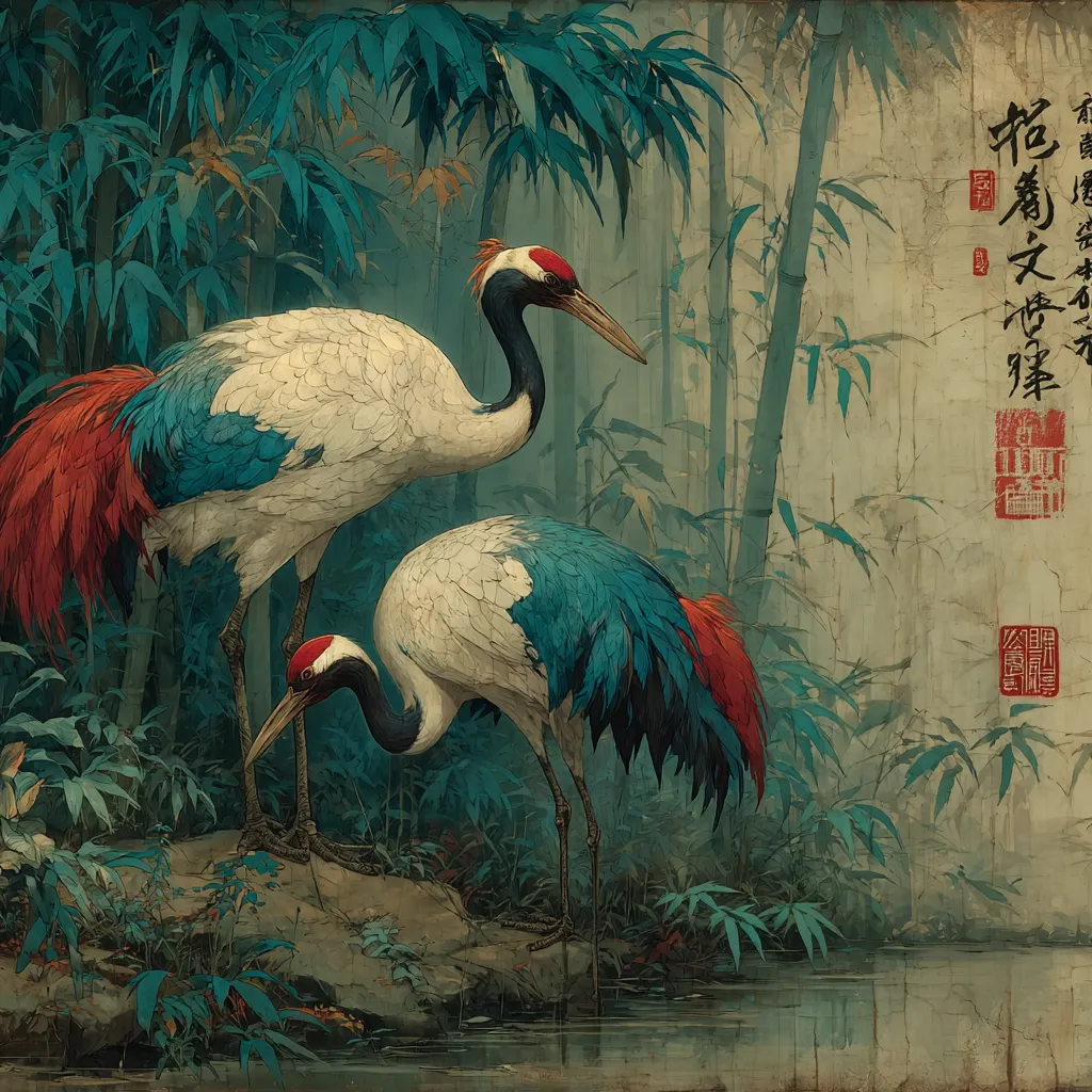 A serene painting depicts two red-crowned cranes amidst a lush bamboo forest. The cranes, with their vibrant plumage of white, teal, and crimson, stand gracefully near a tranquil pond.  The artistic style blends realism with a traditional East Asian aesthetic, featuring calligraphy and a muted color palette that evokes a sense of calm and tranquility.  The scene is bathed in a soft, atmospheric light, creating a peaceful and harmonious mood.