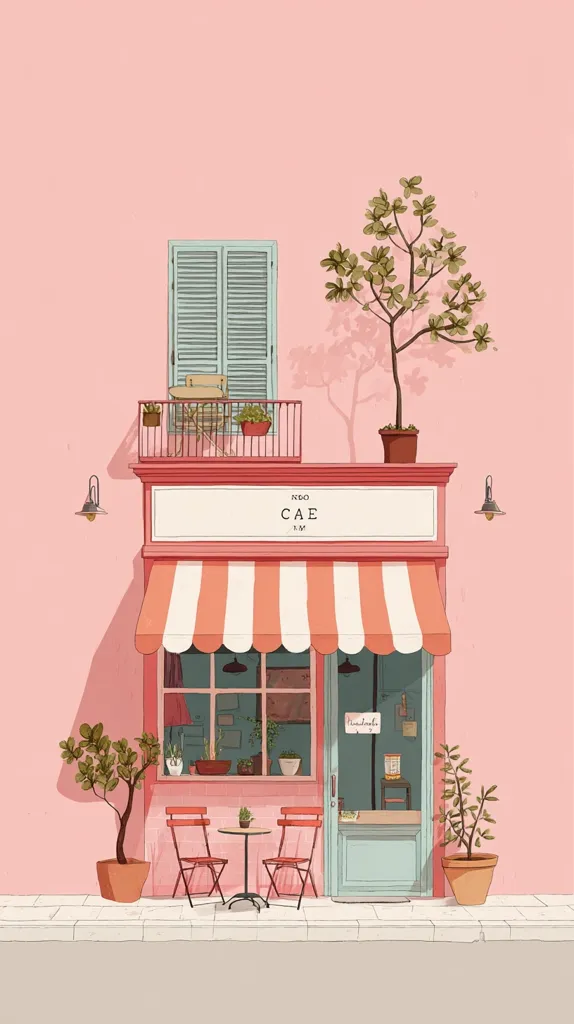 A charming illustration depicts a pastel pink cafe, "Neo CAE," with a striped awning.  Two small red tables and chairs sit outside, flanked by potted plants.  A small balcony above features closed shutters and more greenery. The overall aesthetic is minimalist and serene, evoking a feeling of calm and tranquility.  The scene is brightly lit, enhancing the cheerful atmosphere.
