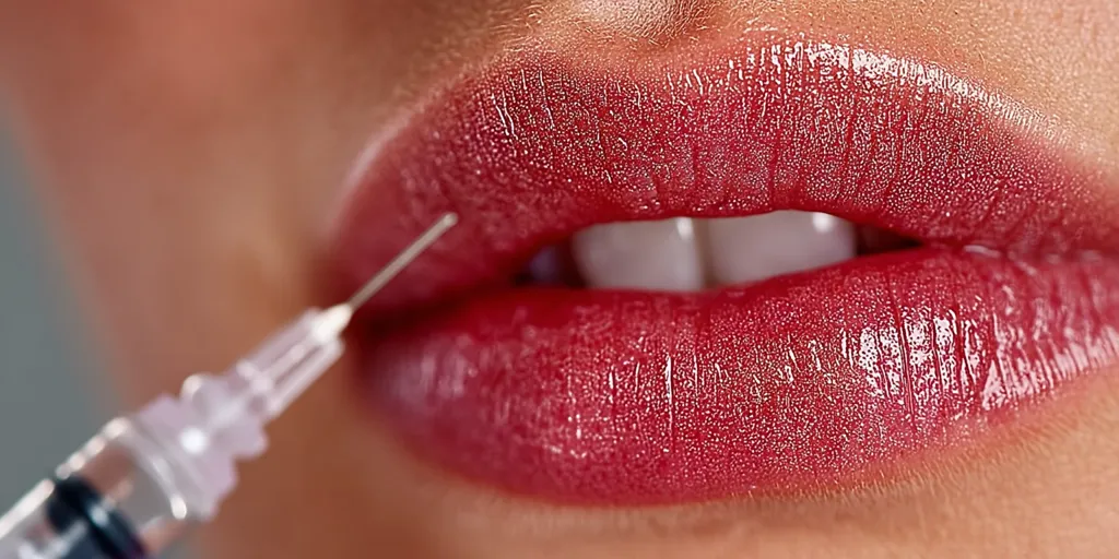 Close-up view of a woman's lips receiving an injection.  A needle attached to a syringe is visible, poised near the lip line.  The lips are full and a deep red color, coated with glossy lip product.  The image focuses on the precision of the procedure.