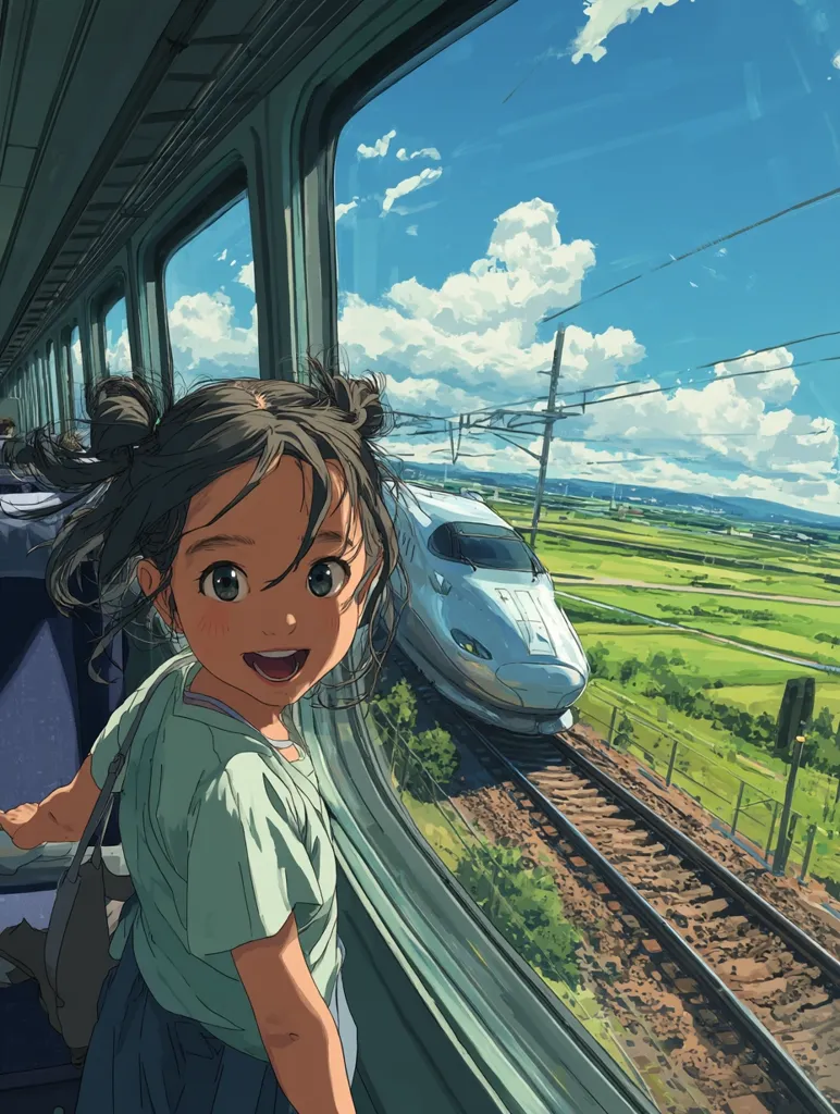 A young girl with her hair in buns sits by the window of a train, smiling brightly.  Outside, a high-speed bullet train speeds along a track, passing through a picturesque landscape of lush green fields under a vibrant blue sky dotted with fluffy white clouds. The scene is rendered in a vibrant, anime-style illustration.