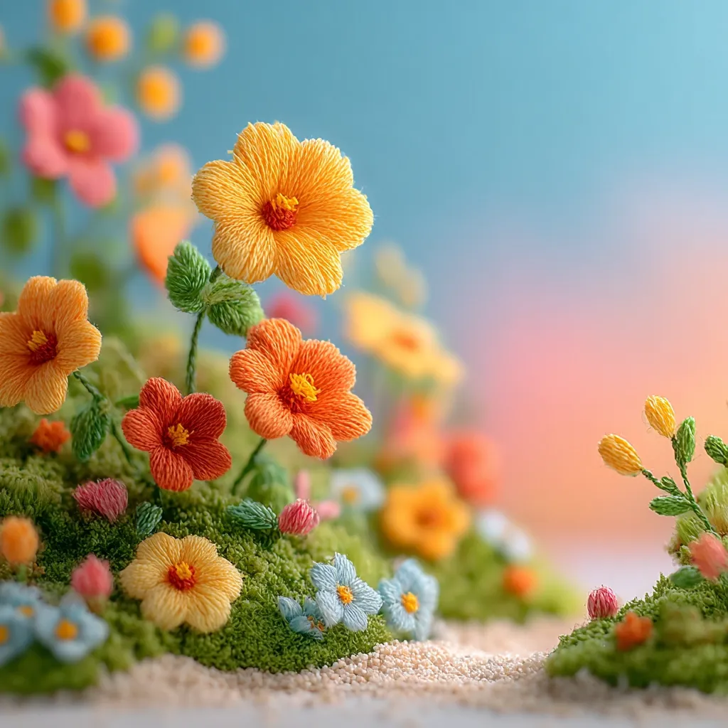 A miniature embroidered landscape depicts a vibrant floral scene.  Bright orange and yellow flowers, meticulously crafted with thread, bloom amidst mossy green hills and sandy paths.  Smaller, light blue flowers add a delicate contrast. The soft, pastel background suggests a sunrise or sunset, creating a peaceful and idyllic atmosphere.  The artistry of the embroidery is strikingly realistic, giving the illusion of a tiny, blooming garden.