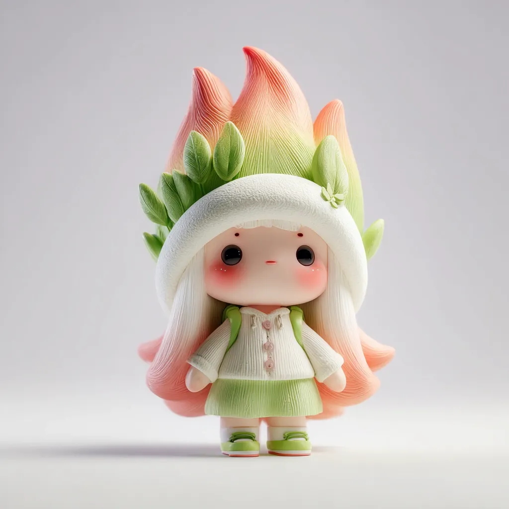 An adorable figurine of a young girl is depicted.  She wears a pastel green and white outfit, a charming hat adorned with green leaves and flame-like orange and pink accents. Her large eyes and rosy cheeks add to her sweet expression.  The figurine's soft, sculpted features and pastel color palette create a whimsical and endearing overall effect.