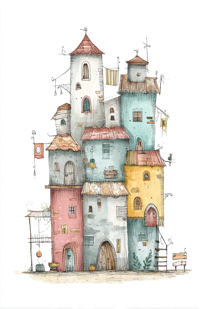 A whimsical watercolor illustration depicts a multi-storied building, possibly a village stacked vertically.  Each level features varying colors and architectural styles, including arched doorways, small windows, and terracotta roofs.  Clothes hang on lines between the buildings, adding a touch of everyday life.  The overall style is charming and slightly fantastical, suggesting a storybook setting. A simple bench and a small bird add subtle detail.