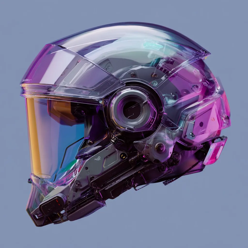 A futuristic helmet, predominantly translucent purple and iridescent, is shown in profile.  Its design is intricate, revealing internal mechanisms and complex circuitry through the transparent shell.  The visor is a gradient of gold and purple, adding to the cyberpunk aesthetic. The helmet appears sleek and technologically advanced.