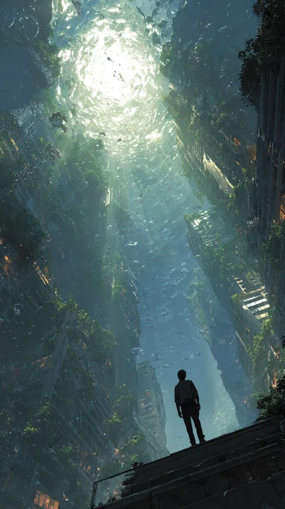 A solitary figure stands on a stairway, gazing upwards at a surreal cityscape.  Buildings stretch towards a luminous, swirling vortex in the sky, overgrown with vegetation.  The scene is rendered in a muted palette of greens and blues, creating a haunting, dreamlike atmosphere. The overall impression is one of post-apocalyptic reclamation or an alternate reality.