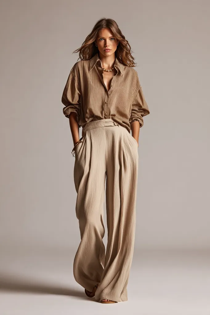 A model showcases a stylish ensemble.  She wears a taupe striped oversized shirt, layered over wide-leg, pleated trousers in a coordinating neutral shade.  The loose-fitting pants and shirt create a relaxed yet elegant look. Simple gold jewelry and sandals complete the effortlessly chic outfit. The overall aesthetic is minimalist and sophisticated.