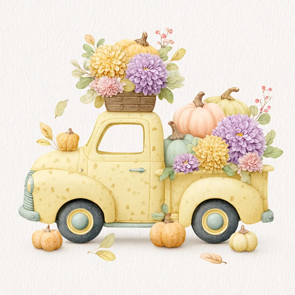 A charming watercolor illustration depicts a pale yellow vintage pickup truck overflowing with pumpkins and autumnal flowers.  Dahlias in shades of purple, yellow, and pink are prominently displayed, nestled amongst various sizes and colors of pumpkins.  A small wicker basket of flowers sits atop the truck's cab, adding to the autumnal harvest scene. Small pumpkins are scattered around the truck's base, completing the picturesque fall composition.