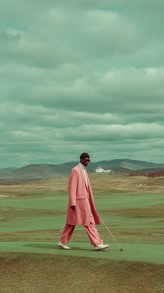 A man in a salmon-pink suit and sunglasses walks across a verdant golf course, a long cane in his hand.  A small white building is visible in the distance, nestled against a backdrop of rolling hills under a muted, cloudy sky. The overall mood is serene and slightly surreal.